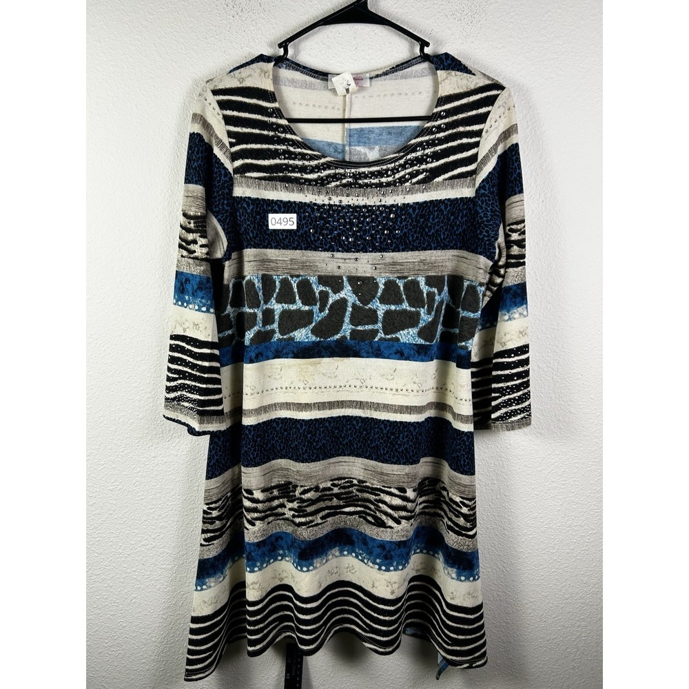 Abstract Animal Print Rhinestone Long Sleeve  Blue Black Stretch Blouse
